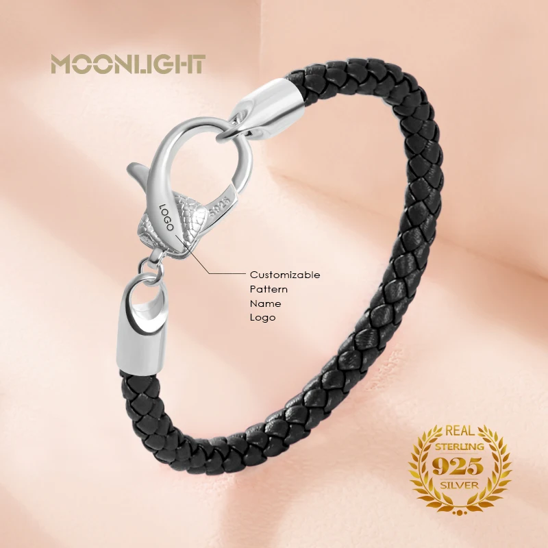 

MOONLIGHT New 925 Sterling Silver Braided Leather Bracelet For Women Lobster Clasp Bracelets Bangles Wedding Party Jewelry Gift