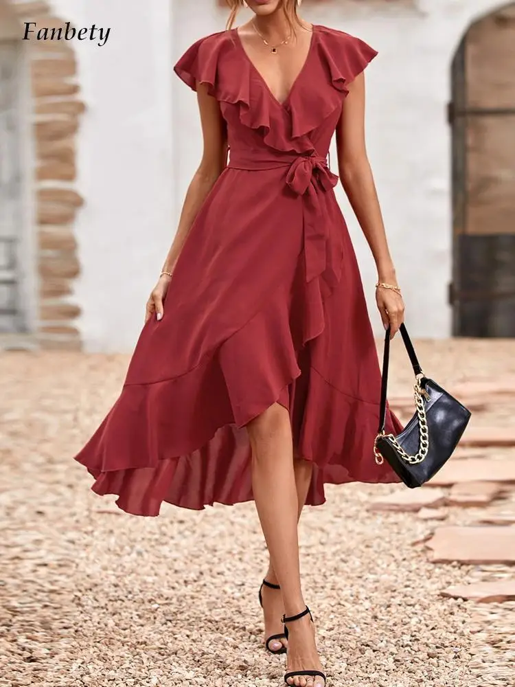 Fashion Chic Women Ruffles Irregular Dress Elegant Deep V-Neck Sleeveless High Waist Party Dresses Ladies Casual Lace-Up Dresses
Fashion Chic Women Ruffles Irregular Dress Elegant Deep V-Neck Sleeveless High Waist Party Dresses Ladies Casual Lace-Up Dresses