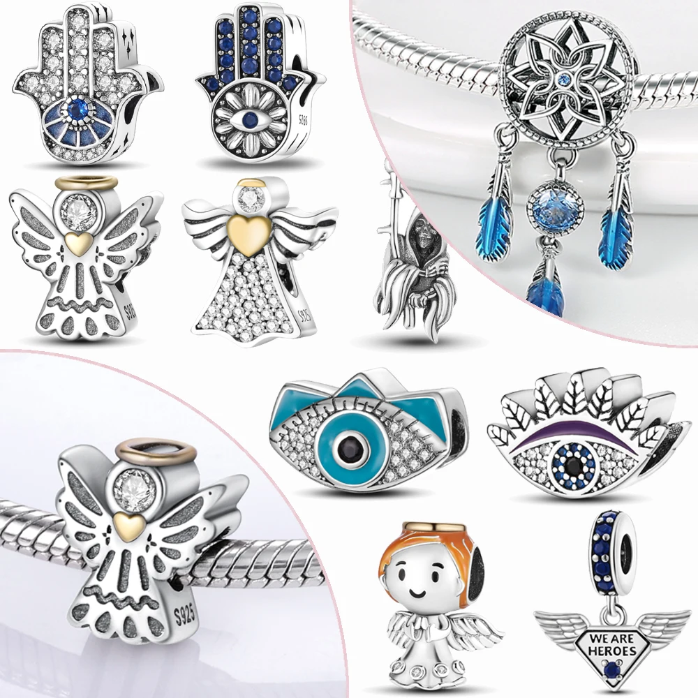 

Fit Original Pandora Bracelet 925 Sterling Angel Wings Feather Devils Eye Charm Dream Catcher Beads DIY Women Jewelry Making
