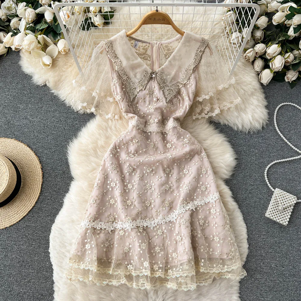 Thin Lace Short-sleeved Dress Summer Women's French Chic Jacquard A-line Clothes Elegant Vestidos De Verano Mujer 2022 F702 
Thin Lace Short-sleeved Dress Summer Women's French Chic Jacquard A-line Clothes Elegant Vestidos De Verano Mujer 2022 F702