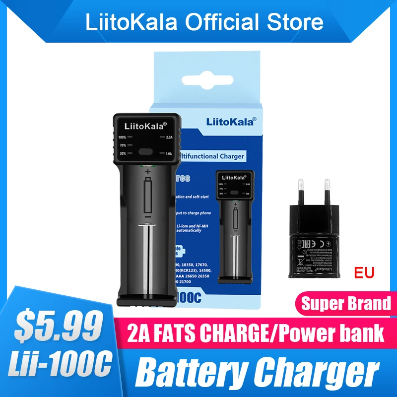 LiitoKala lii-100C 1 Slot 18650 21700 26650 Battery Charger 2A LED Smart Quick Charging USB Rechargeable Lithium Battery Charger
LiitoKala lii-100C 1 Slot 18650 21700 26650 Battery Charger 2A LED Smart Quick Charging USB Rechargeable Lithium Battery Charger