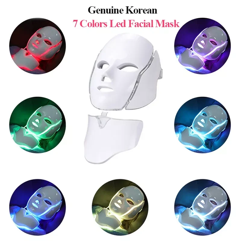 

7 цветов Светодиодная маска для лица для красоты шеи уход за кожей фотонная терапия омоложение против акне удаление морщин подтягивание пор