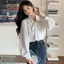 White Shirts Women Bow Casual Cute Ulzzang Students Long Sleeve Fashion Simple All-match Spring Clothing Daily Cozy Elegant Tops
