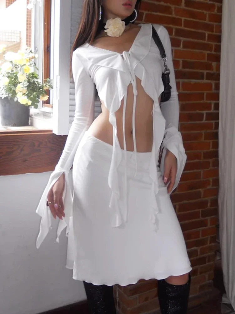 Strap Long Sleeve Short Skirt Set 2023 Autumn New Spicy Girls' Sexy Open Navel Layered Lace Two Piece Skirt Costume Femme
Strap Long Sleeve Short Skirt Set 2023 Autumn New Spicy Girls' Sexy Open Navel Layered Lace Two Piece Skirt Costume Femme