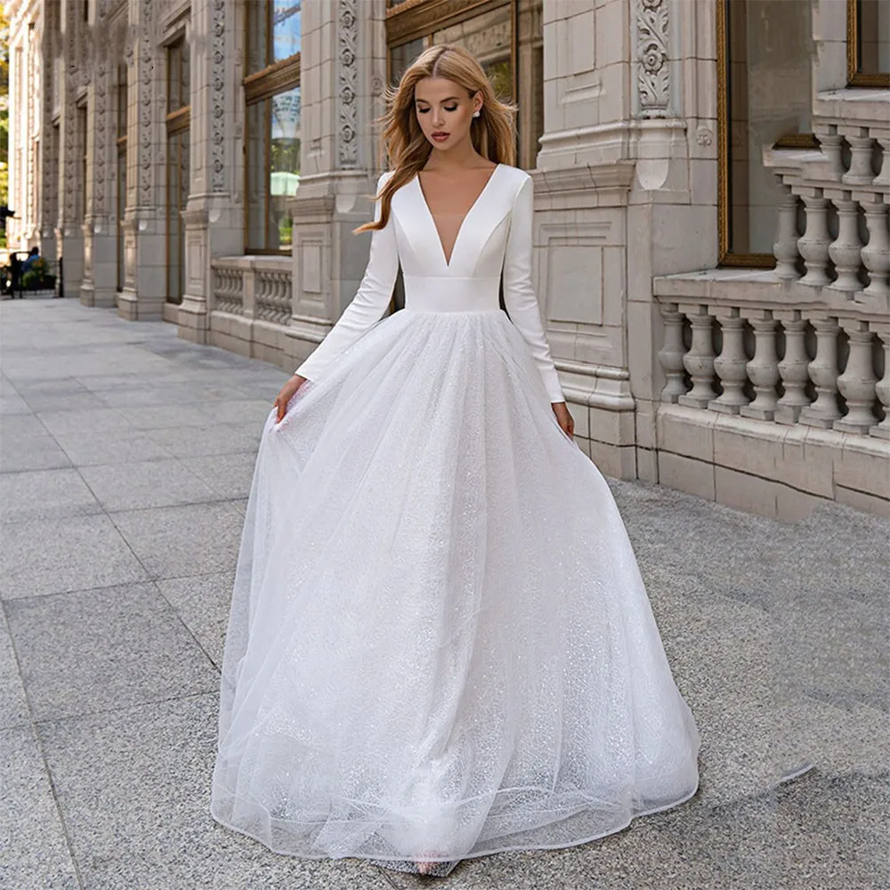 

Женское свадебное платье с длинным рукавом vinca sunny novias, блестящее Тюлевое платье трапециевидной формы с глубоким V-образным вырезом и открыт...