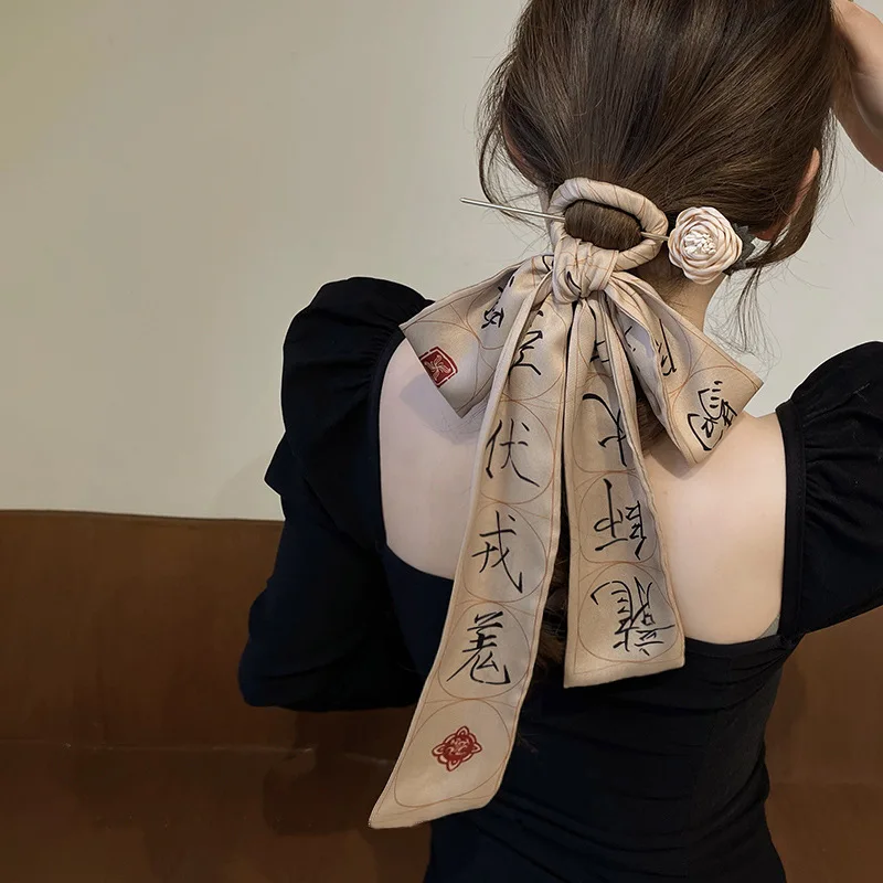 

Шелковый шарф шпилька для волос Античная элегантная повязка для волос супер Сказочный темпераментный головной убор с бантом женская 2022 кра...