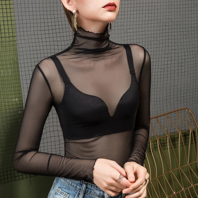 

Sexy Perspective Tops High-neck Net Yarn Bottoming Shirt Gauze Black Pile Collar Lace Shirt Top Long-sleeved T Shirts Streetwear