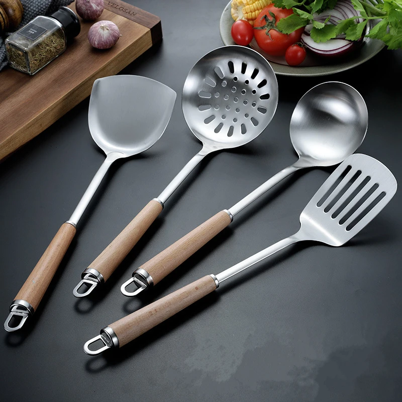 

Chinese Stainless Steel Cooking Spatula Soup Spoon Wooden Handle Kitchenware Set Hollow Frying Shovel Colander Kitchen Utensils