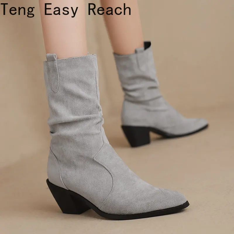 

2023 Fashion New Chunky Heel Women Boots Faux Suede Thick Low Heel Ankle Boots Pointed Toe fold winter Ladies Shoes Black gray