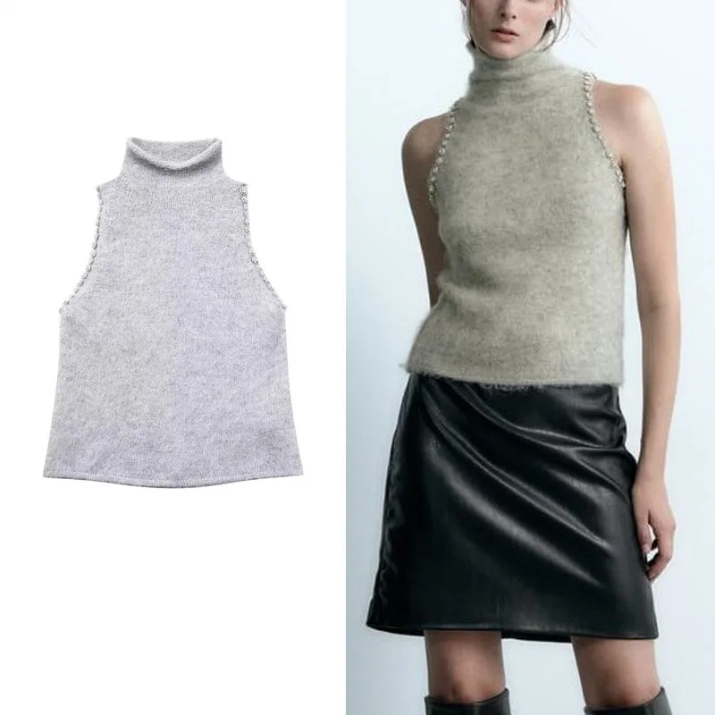 TRAF Women Jewel Knit Top Vintage High Coller Sleeveless Sweater Pullover 2023 Autumn Winter Causal Elegant Pullover Slim Tops
TRAF Women Jewel Knit Top Vintage High Coller Sleeveless Sweater Pullover 2023 Autumn Winter Causal Elegant Pullover Slim Tops