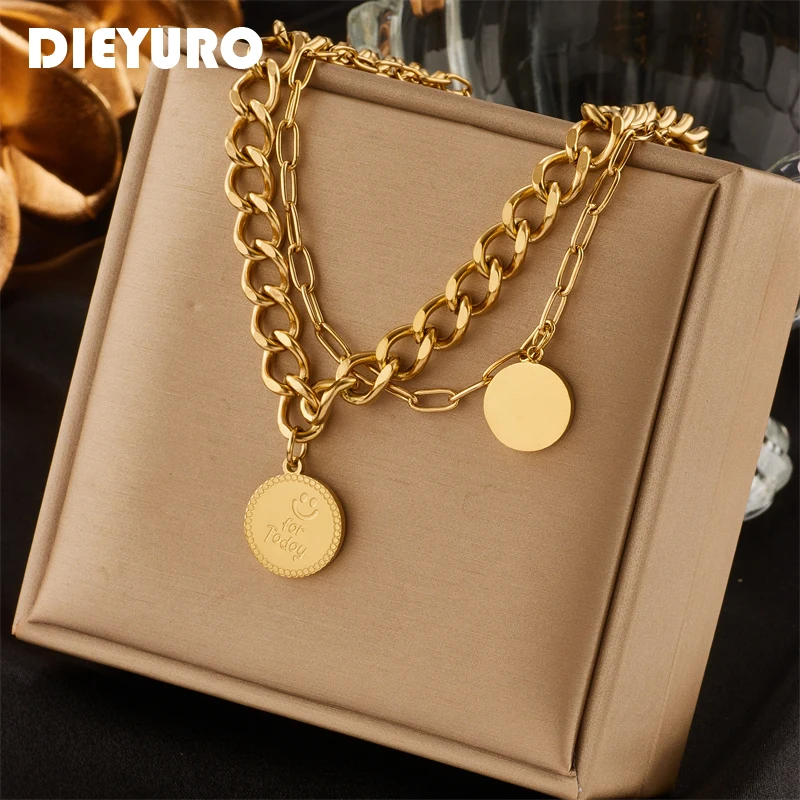 DIEYURO 316L Stainless Steel 2-Layer Round Smiley Necklace For Women Hip Hop Punk Link Chain Street Trend Girls Jewelry Gift
DIEYURO 316L Stainless Steel 2-Layer Round Smiley Necklace For Women Hip Hop Punk Link Chain Street Trend Girls Jewelry Gift