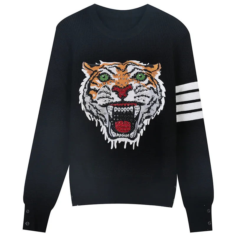Classic Four Bars Autumn and Winter New Tiger Animal Beads Rhinestones Embroidery Stitching Slim round Neck Pullover
Classic Four Bars Autumn and Winter New Tiger Animal Beads Rhinestones Embroidery Stitching Slim round Neck Pullover