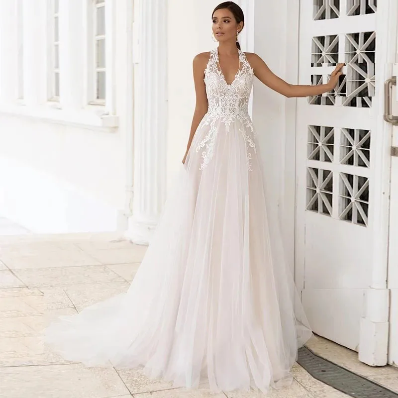 VIKTORIA Boho Charming V-neck Wedding Dress Halter Neck And Backless A-line Bridal Gowns For Women Custom Made Vestidos De Noiva
VIKTORIA Boho Charming V-neck Wedding Dress Halter Neck And Backless A-line Bridal Gowns For Women Custom Made Vestidos De Noiva