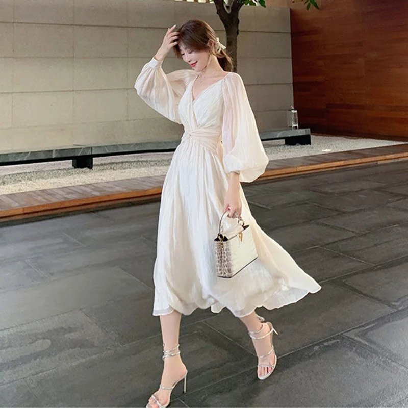 French Sweet High Waist White Ball Gown Dresses Women Puff Sleeve Spring Thin Long Dresses Fashion Elegant Female Dresses LJ3492
French Sweet High Waist White Ball Gown Dresses Women Puff Sleeve Spring Thin Long Dresses Fashion Elegant Female Dresses LJ3492