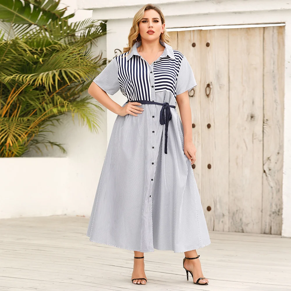 Plus Size Lapel Striped Shirt Dress Button Short Sleeve Lace-up Swing Long Skirt Fashion 2022 Summer New Elegant Women Dresses
Plus Size Lapel Striped Shirt Dress Button Short Sleeve Lace-up Swing Long Skirt Fashion 2022 Summer New Elegant Women Dresses