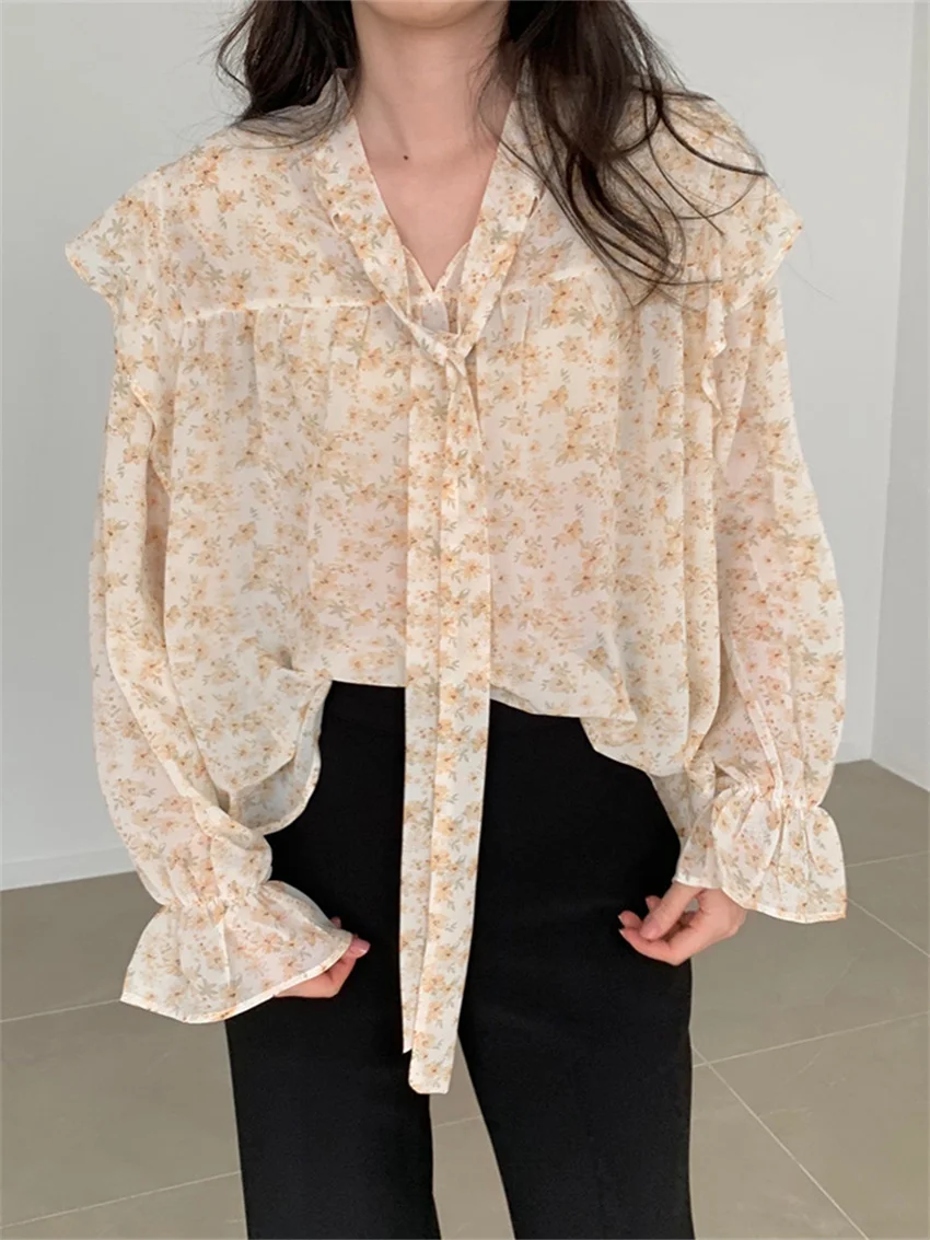 

HziriP Sweet Women Blouses Ruffles Printing Spring Lace-Up Florals Chic 2022 New Femme Lady Office Wear Hot OL Stylish Tops
