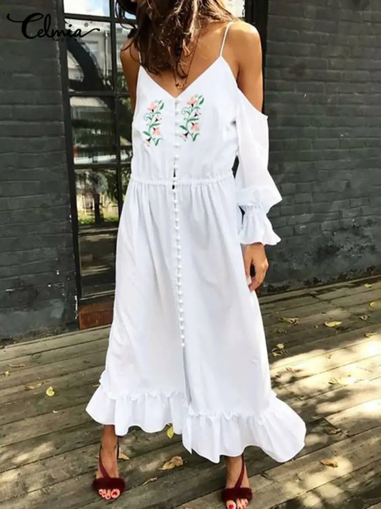 

Vintage Women Sundress Celmia 2023 Summer Ruffled Hem Vacation Fashion Strapy Dress Off Shoulder Floral Print Resort Maxi Robes