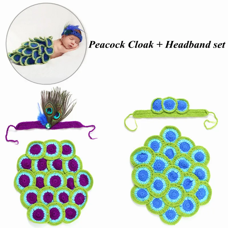 Cute Newborn Photography Props Baby Girls Boys Handmade Soft Crochet Knit Headband + Infant Diaper Cover Peacock Clothing Set | Мать и