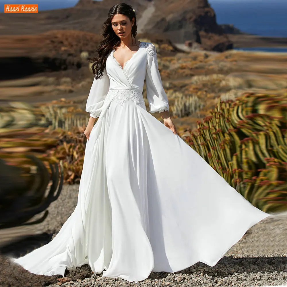

Bohemian White V Neck Wedding Gowns Long Sleeves 2023 Robe De Mariée Princesse A Line Chiffon Bridal Dresses Sexy Hochzeitskleid