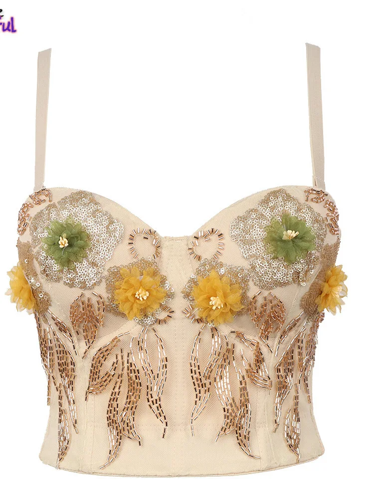 

Summer 2022 Sexy Female Corset With Cup Beaded Flowers Nightclub Party Women Cami In Bra Cropped Crop Top Push Up Breast