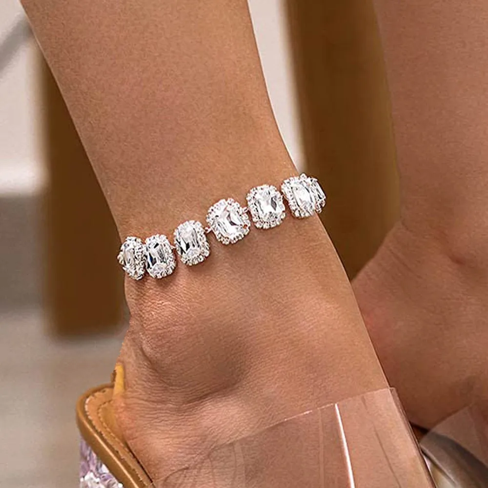

13mm Bling Iced Out Big Square Crystal Anklets Bracelet for Women Beach Barefoot Luxury Tennis Chain Anklet Hip Hop Foot Jewelry