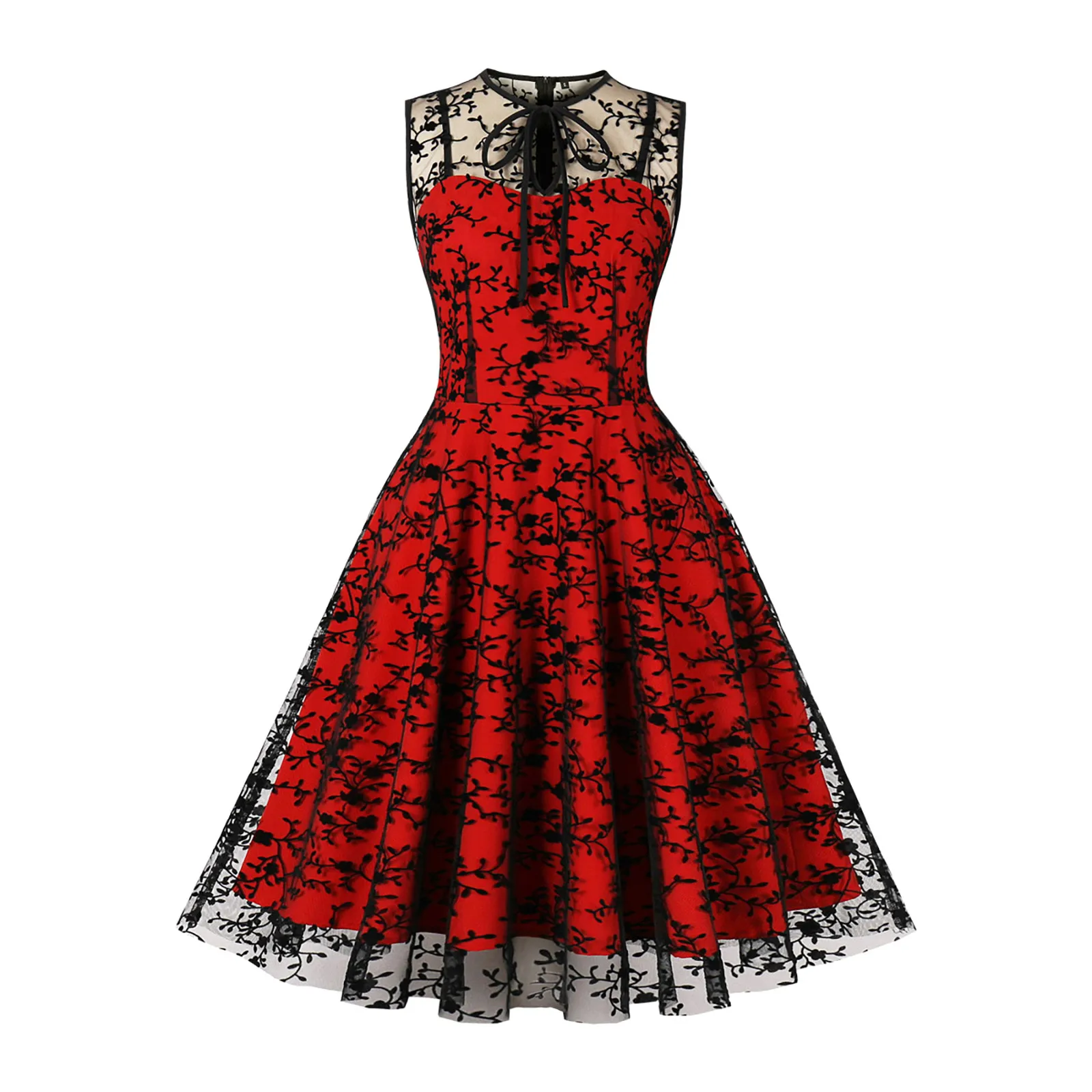 

Women Retro Floral Embroidery Dress Mesh Splicing Sleeveless 50s 60s Rockabilly Dress Midi Lace-Up Waistband A Line Dresses