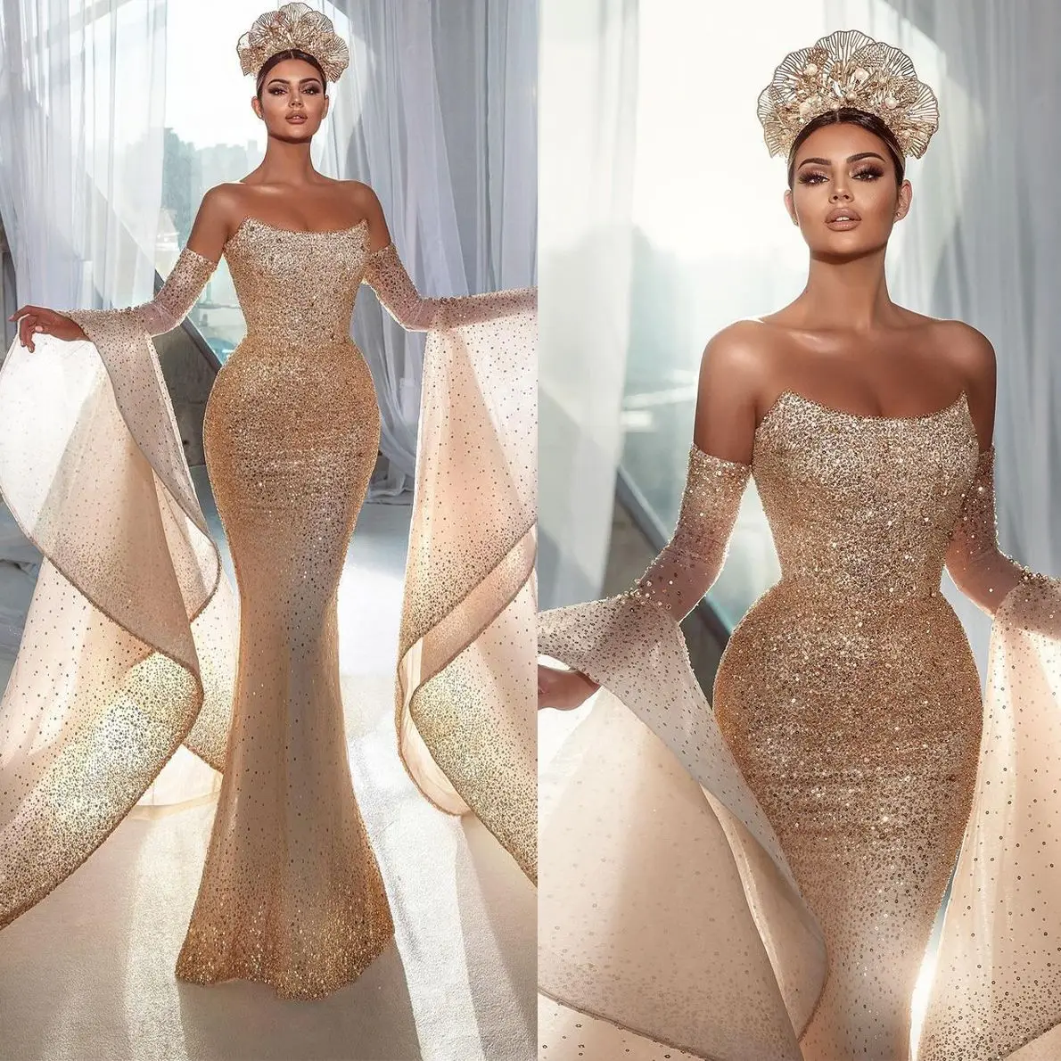 Elegant Strapless Mermaid Wedding Dresses Luxury Sequins Long Sleeve Bridal Gowns Beads Aso Ebi Bride Dress Arabic
Elegant Strapless Mermaid Wedding Dresses Luxury Sequins Long Sleeve Bridal Gowns Beads Aso Ebi Bride Dress Arabic
