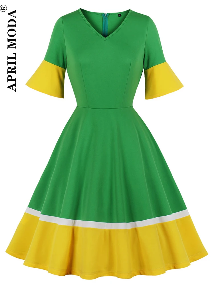 2022 Women Summer Tunic Dress Flare Sleeve 50s Swing Vintage Dresses Robe Femme Elegant Green Yellow Patchwork Party Sundress
2022 Women Summer Tunic Dress Flare Sleeve 50s Swing Vintage Dresses Robe Femme Elegant Green Yellow Patchwork Party Sundress