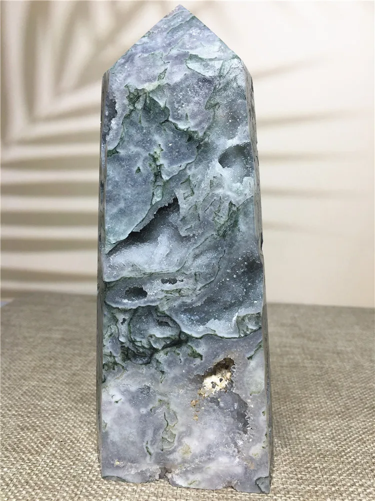 

Natural Stone And Crystal Green Moss Agate Druzy Tower Healing Gemstones Geode Voog Point Wand Witchcraft Gift Home Decoration