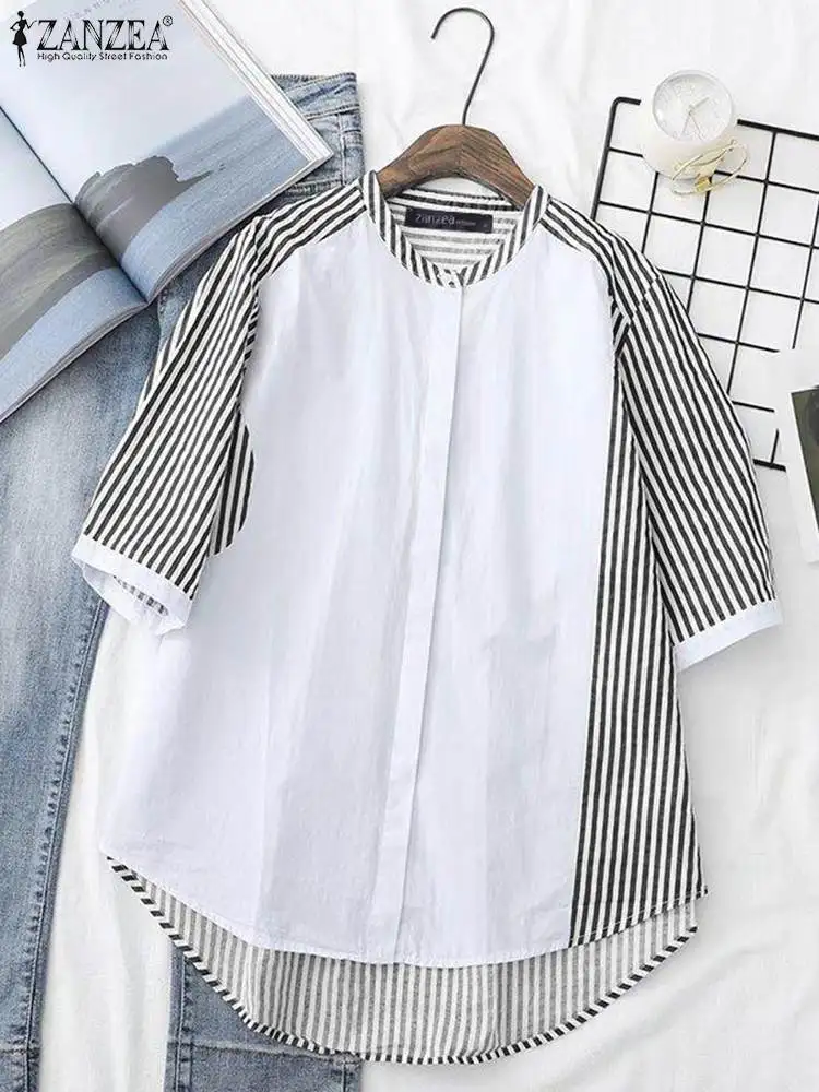 ZANZEA 2023 Summer Striped Panel Chemise Half Sleeve Button Up Shirt Rounded Hem O-neck Blusa Casual Oversize Women Fashion Tops
ZANZEA 2023 Summer Striped Panel Chemise Half Sleeve Button Up Shirt Rounded Hem O-neck Blusa Casual Oversize Women Fashion Tops