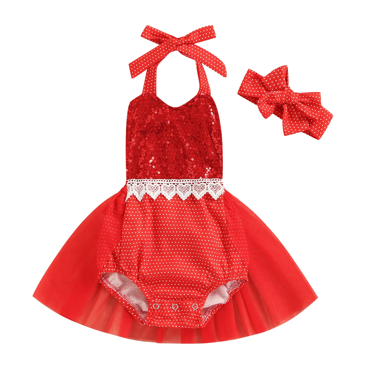 Baby Girls Clothing Outfit Sweet Style Dot Heart Pattern Sequins Mesh Splicing Sleeveless Hanging Neck Jumpsuit Bow Headwear
Baby Girls Clothing Outfit Sweet Style Dot Heart Pattern Sequins Mesh Splicing Sleeveless Hanging Neck Jumpsuit Bow Headwear