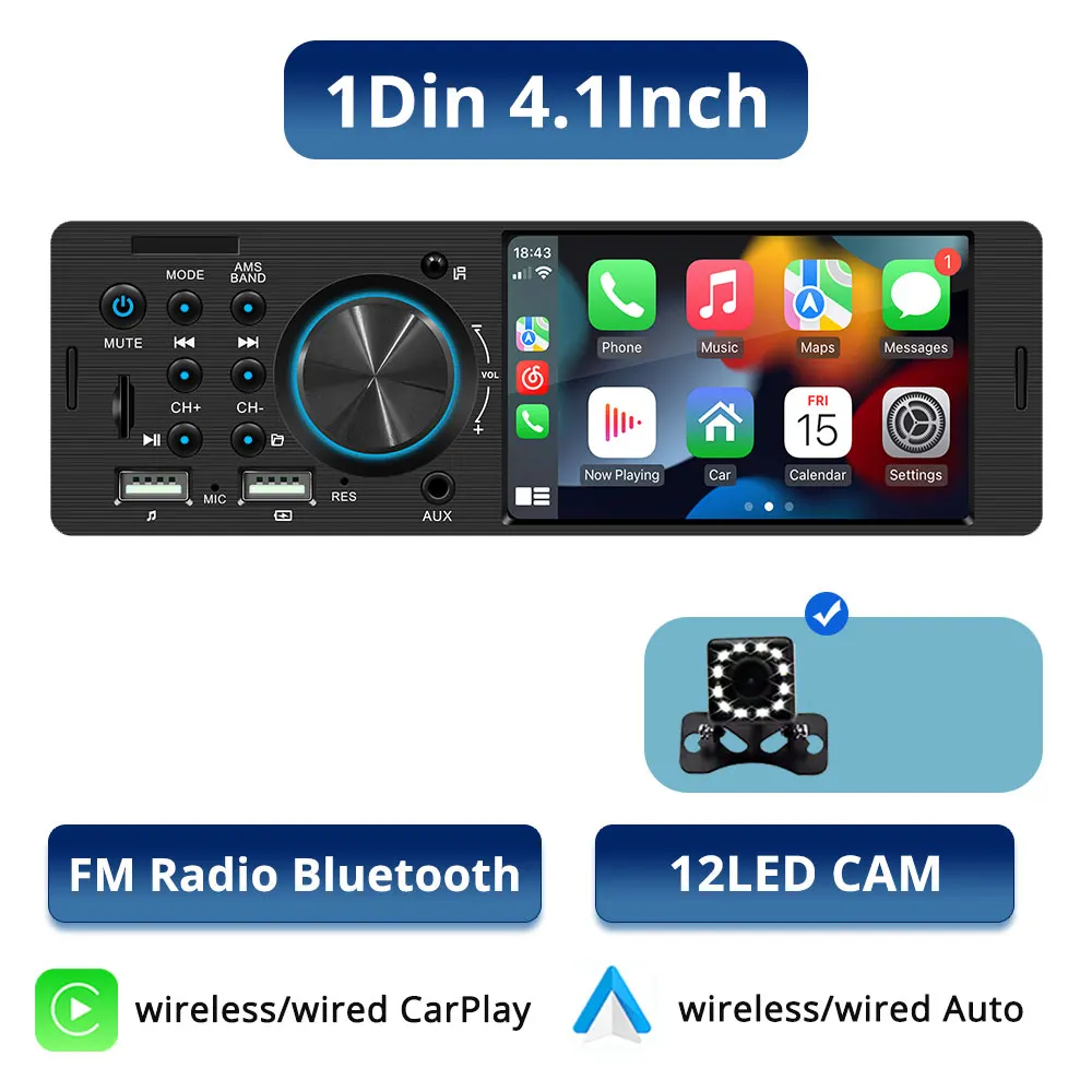 1Din 4,1-дюймовый автомобильный радиоприемник MP5 Мультимедийный видеоплеер Беспроводной Carplay Android Auto Dual USB AUX TF Bluetooth Камера заднего вида
1Din 4,1-дюймовый автомобильный радиоприемник MP5 Мультимедийный видеоплеер Беспроводной Carplay Android Auto Dual USB AUX TF Bluetooth Камера заднего вида