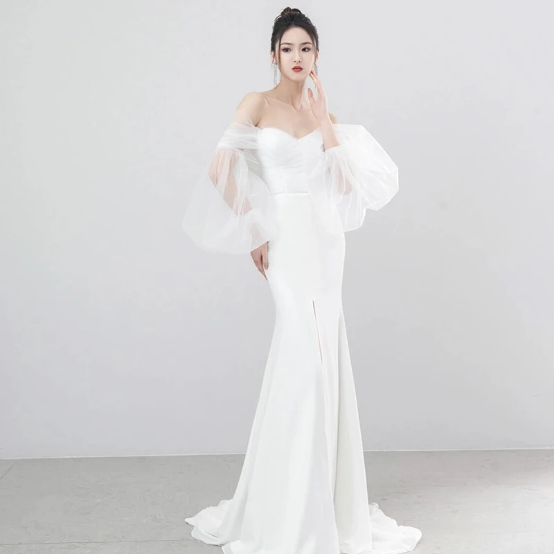 Elegant Simple Mermaid Puff Sleeves Off Shoulder Soft Satin Sweep Train Backless Sweetheart Sexy Wedding Dress Gown Bridal Dress
Elegant Simple Mermaid Puff Sleeves Off Shoulder Soft Satin Sweep Train Backless Sweetheart Sexy Wedding Dress Gown Bridal Dress