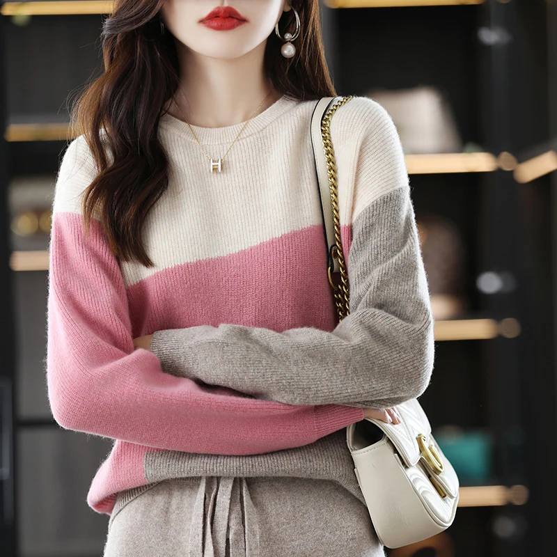 Beautiful Autumn And Winter Thickened Color Matching Knitted Long Sleeve Women's High Round Neck Pure Wool Loose Bottoming Sweat
Beautiful Autumn And Winter Thickened Color Matching Knitted Long Sleeve Women's High Round Neck Pure Wool Loose Bottoming Sweat