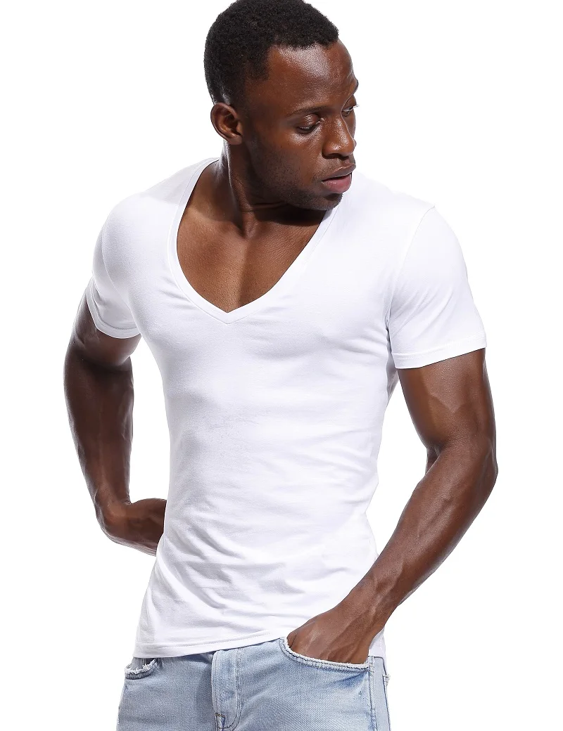 

A1730 Wide Vee Tee Male Tshirt Invisible Undershirt Model Scoop Hem Slim Fit Short Sleeve