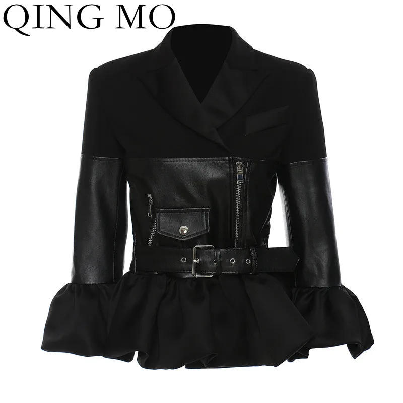Женская куртка с оборками на талии QING MO черная приталенная из искусственной кожи