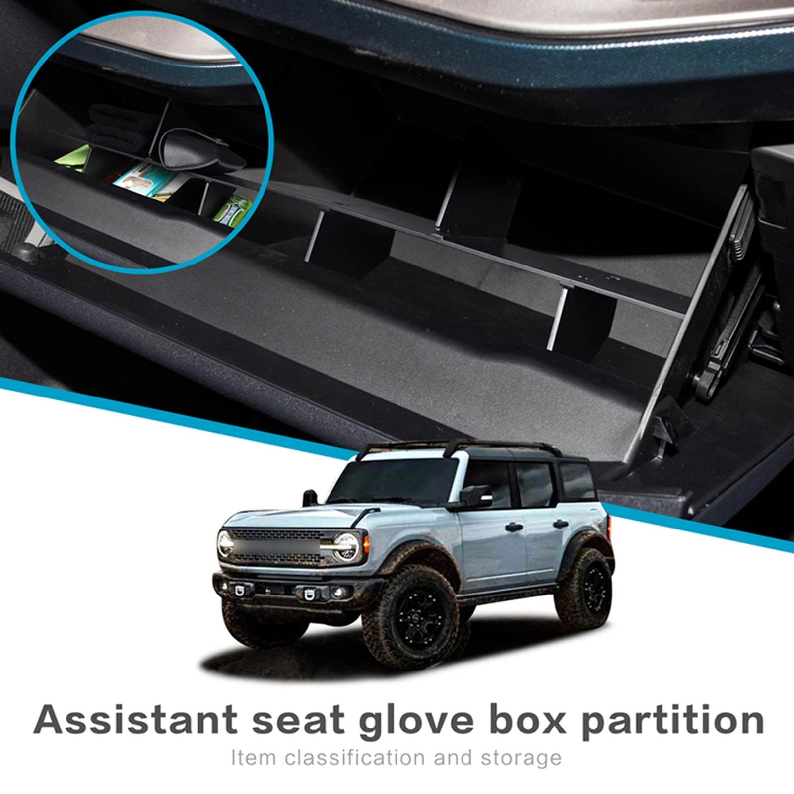 

ZUNDUO Car Glove Interval Box for Ford BRONCO 2021 2022 Accessories Clapboard Storage Rack Shelf Co-pilot Storage Partition