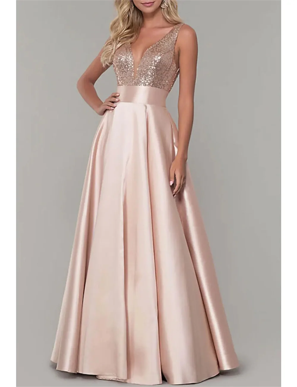 

Elegant Luxury Long A-Line Prom Dress Formal Occasion Party Wear V-Neck Spaghetti Strap Floor Length Satin with Pleats Sequined