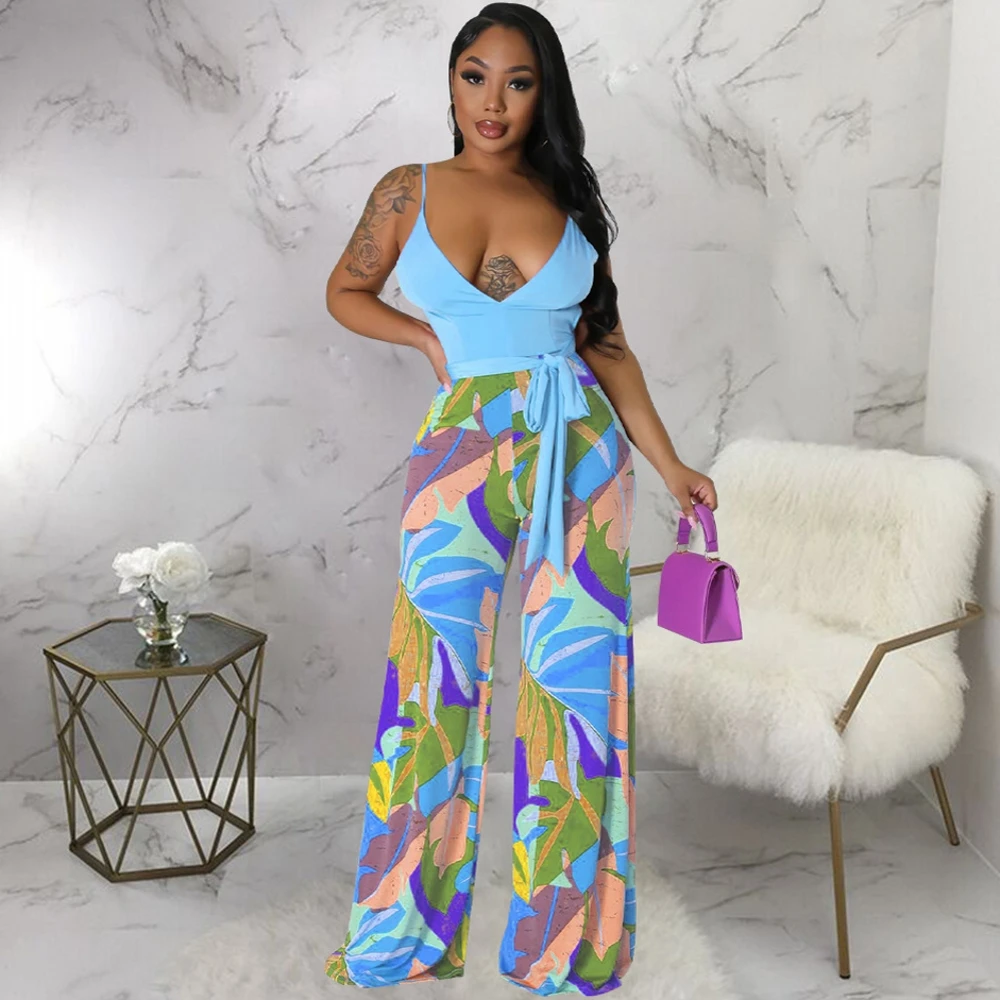 

Women Streamer Spicing Wrap V-Neck Wide Leg Straight Jumpsuit 2023 Summer Sexy Party Evening INS Playsuit One Piece Suit Romper