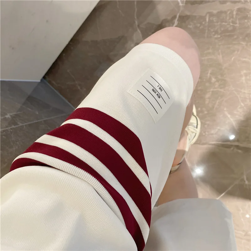 

TB shorts white five-point pants women's sports ice silk knitted drape pants wine red striped drawstring sweatpants