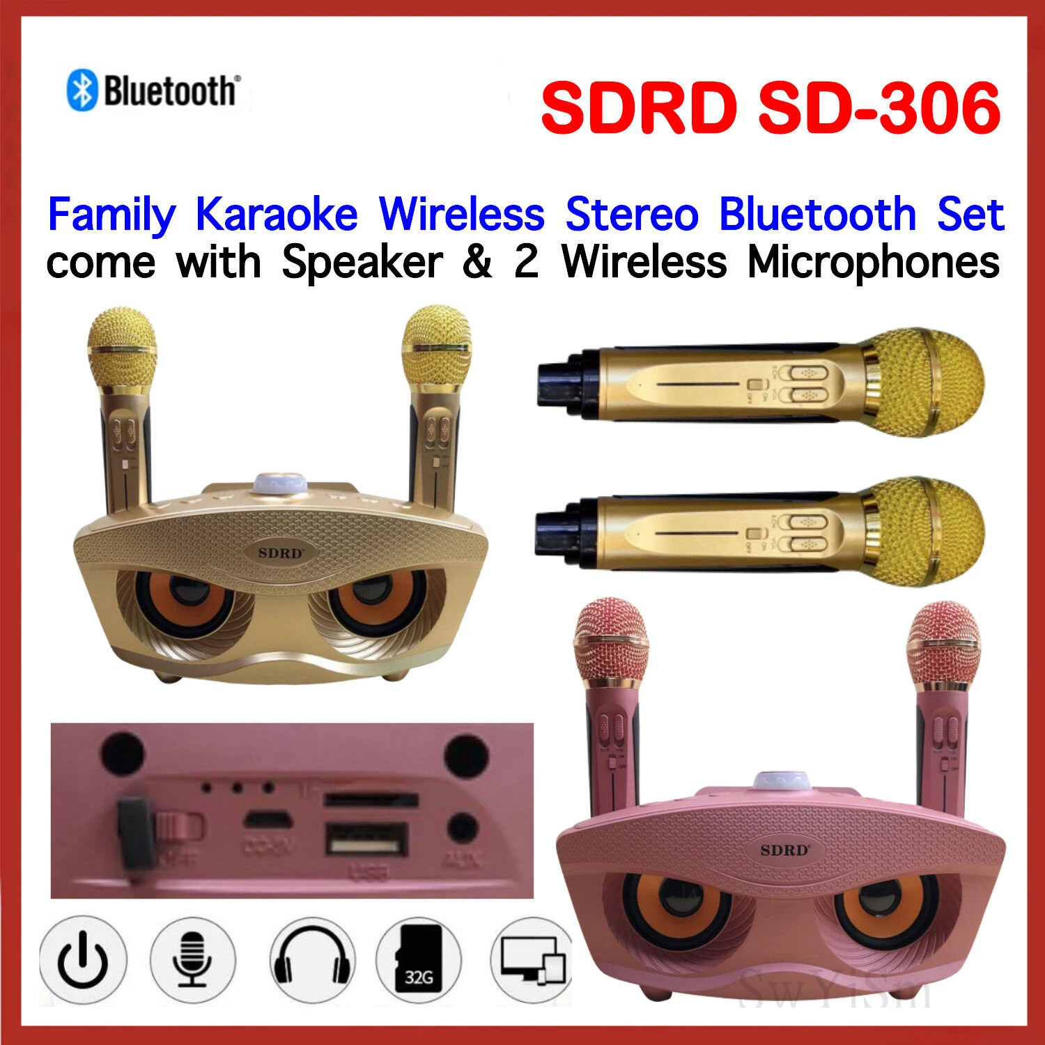 

SD Professional Karaoke Home System Bluetooth Speaker With 2 Channel Wireless Microphone For Outdoor KTV Singing Party Subwoofer