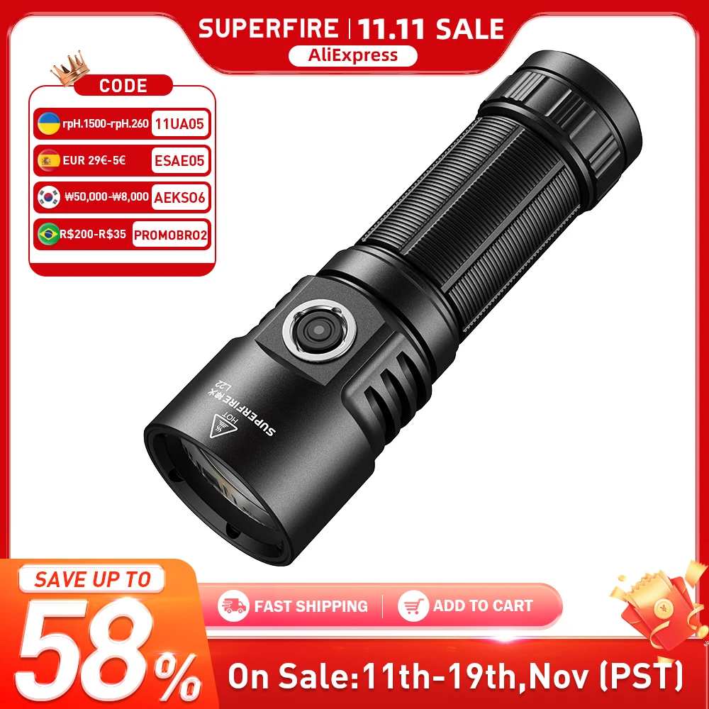 SUPERFIRE L22 60 Вт алюминиевый портативный фонарь
SUPERFIRE L22 60 Вт алюминиевый портативный фонарь