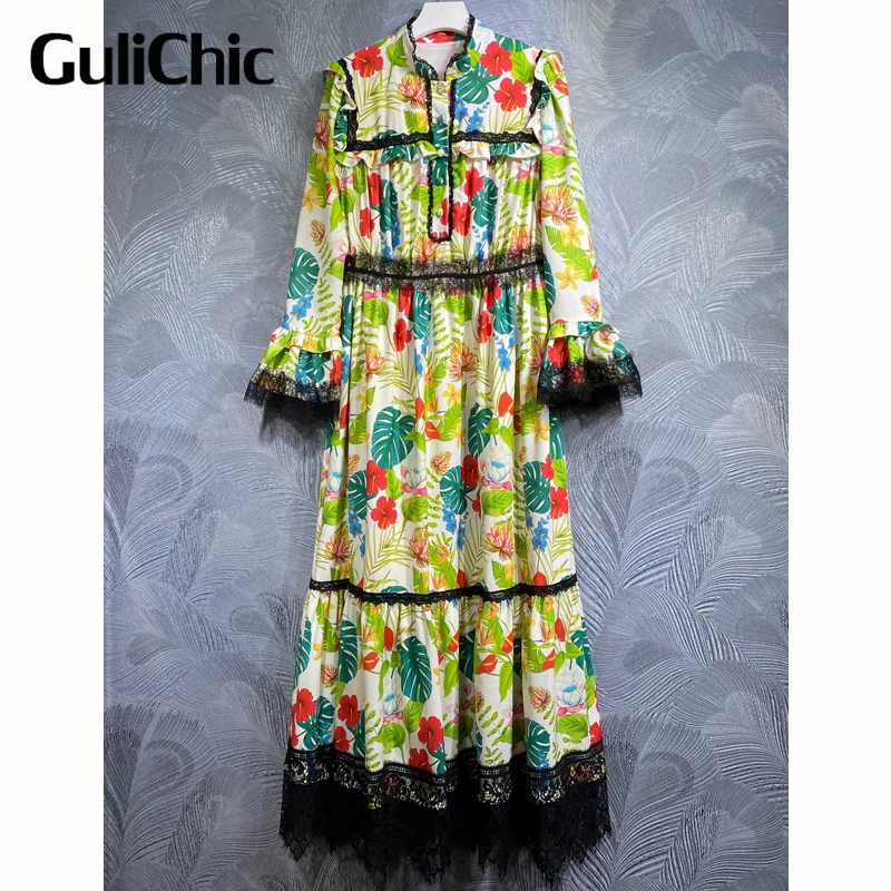 

8.10 GuliChic Women High Quality Stand Collar Flower Print Lace Spliced Ruffles Decoration Collect Waist Temperament Dress