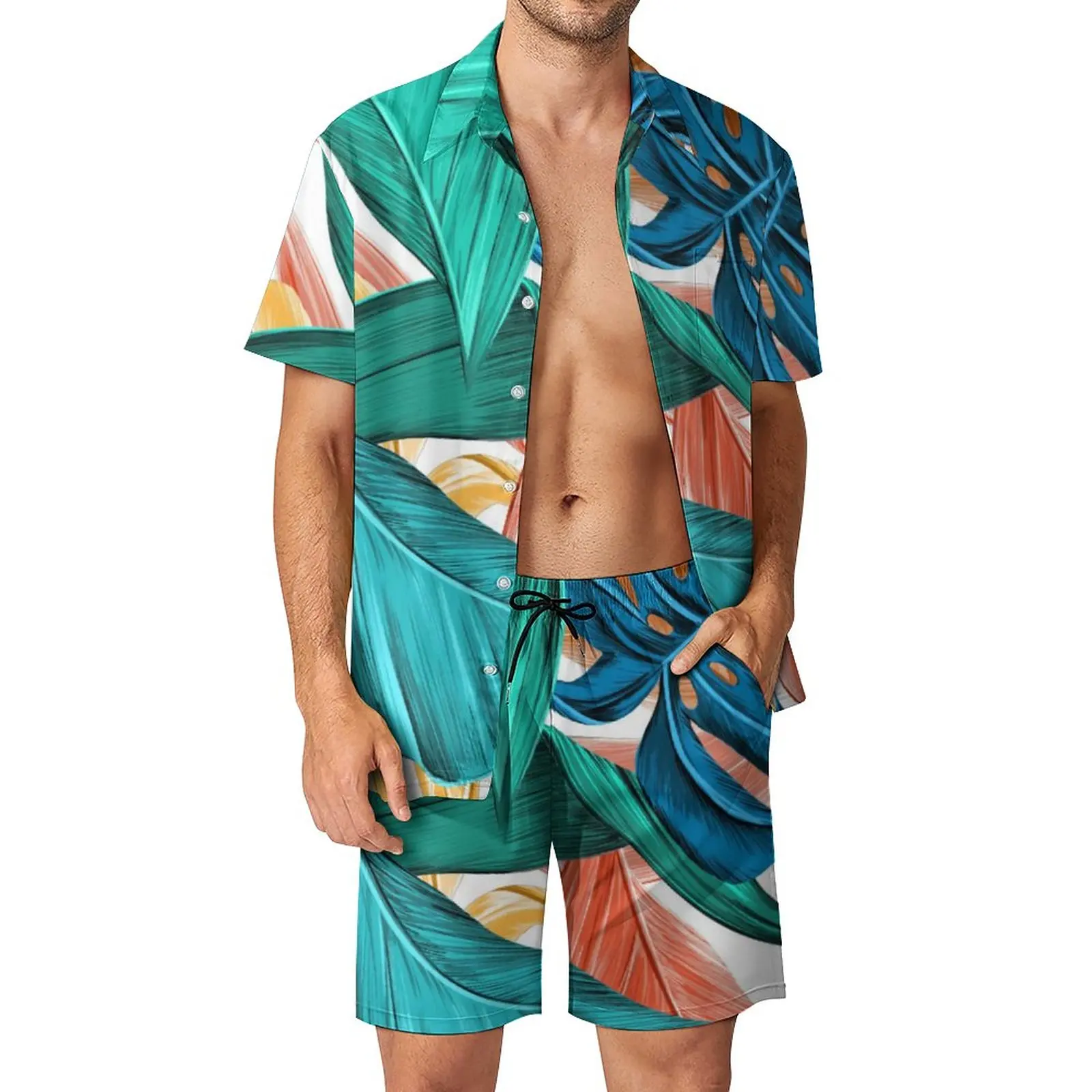 

Костюм пляжный мужской с принтом зеленых и синих листьев, крутая Повседневная рубашка с короткими рукавами, шорты с графическим принтом, костюм для пляжа, большой размер 3XL, на лето