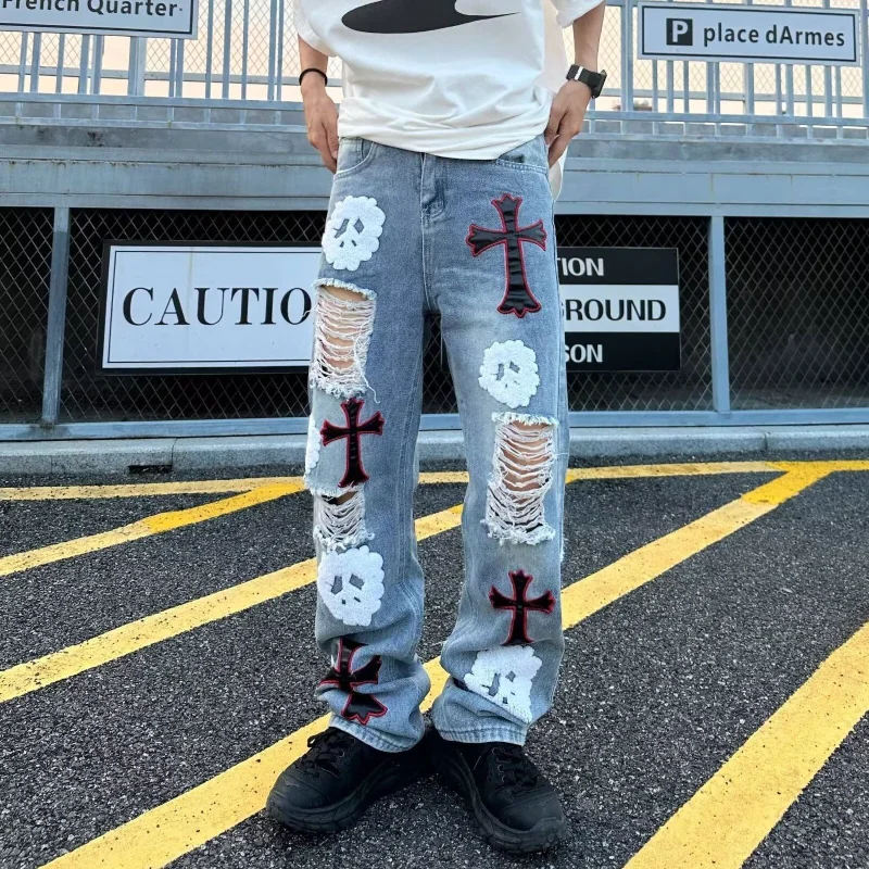 Goth Printed Ripped Jeans for Men High Street Vintage Embroidery Baggy Jeans Men Clothing Loose Casual Straight Mens Jeans Pants 
Goth Printed Ripped Jeans for Men High Street Vintage Embroidery Baggy Jeans Men Clothing Loose Casual Straight Mens Jeans Pants