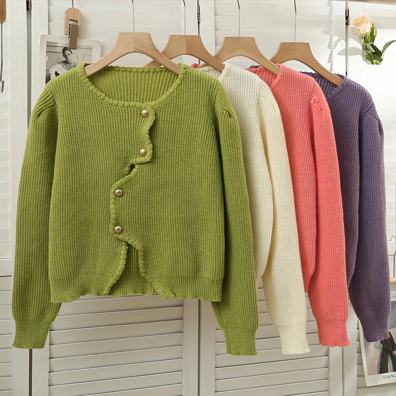 Sweet Style Irregular Single-breasted Cardigan Woman O Neck Long Sleeve Female Sweater Solid Color Knit Top Women Clothing
Sweet Style Irregular Single-breasted Cardigan Woman O Neck Long Sleeve Female Sweater Solid Color Knit Top Women Clothing