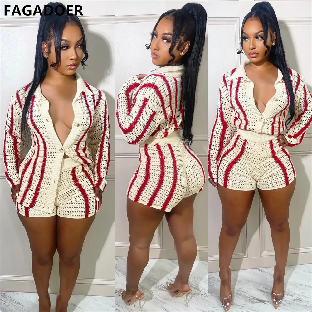 FAGADOER 2 Piece Sets Women Stripe Knitted Long Sleeve Botton Crop Tops + Short Pants Spring Sexy 2Pcs Short Pants Sets Female
FAGADOER 2 Piece Sets Women Stripe Knitted Long Sleeve Botton Crop Tops + Short Pants Spring Sexy 2Pcs Short Pants Sets Female