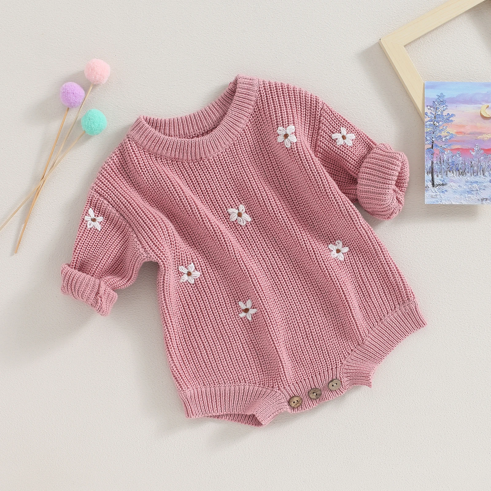 Newborn Baby Sweater Romper Infant Girls Autumn Winter Knitting Ribbed Clothes Long Sleeve Flower Embroidery Crotch Knitwear 
Newborn Baby Sweater Romper Infant Girls Autumn Winter Knitting Ribbed Clothes Long Sleeve Flower Embroidery Crotch Knitwear
