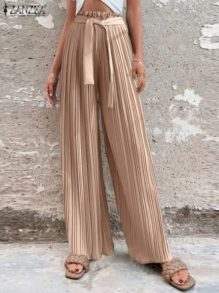 

ZANZEA 2023 Women Oversized Office Trousers Pleated Loose Pants Summer High Waisted Solid Casual Wide Leg Belted Pants Pantalon