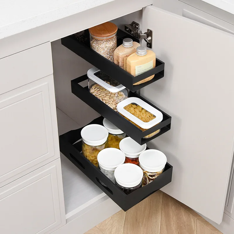 

Cabinet Slide Rail Storage Rack Kitchen Punch-Free Organize Rack Carbon Steel Material 360°Rolling Shelf Home Storage Accessorie